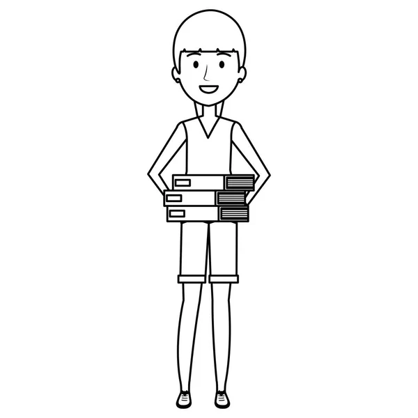 Молодая женщина со стопкой книг — стоковый вектор