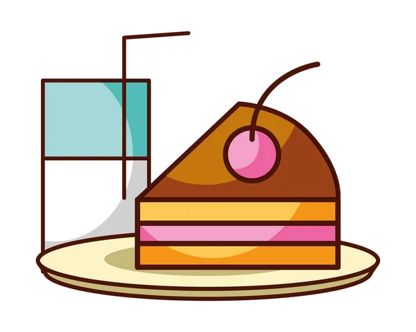 Pedazo de pastel y vidrio de leche alimentos postre panadería — Vector de stock