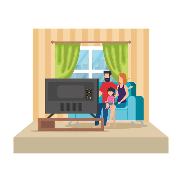 Parents couple with daughter waching tv — Stock Vector