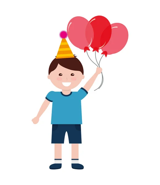 Glücklicher Junge mit Party-Hut Geburtstagsballons — Stockvektor