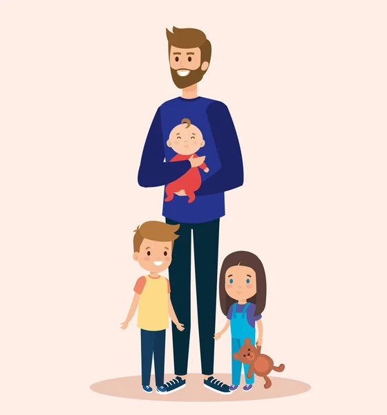 Lindo hombre con hijos e hija con teddy — Vector de stock