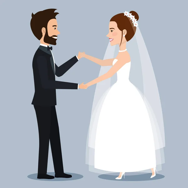 Karaktär bruden och brudgummen nygifta hålla händerna — Stock vektor