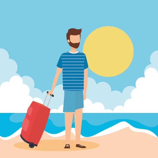 Young man with suitcase on the beach — Stock Vector