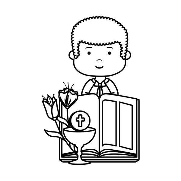 Menino com bíblia e flores personagem primeira comunhão —  Vetores de Stock