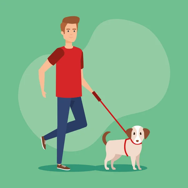 Joven hombre caminando con perro — Vector de stock