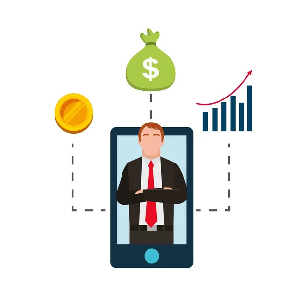 Obchodník ve zprávě o podnikatelské penězích smartphone — Stockový vektor