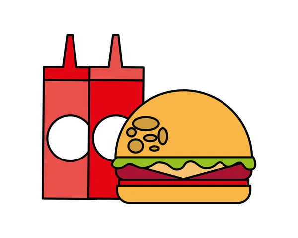 Hamburguesa y salsas de botella comida picnic — Vector de stock