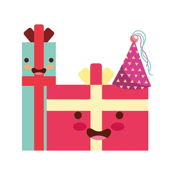 Geburtstags-Kawaii-Geschenke mit Party-Hut — Stockvektor