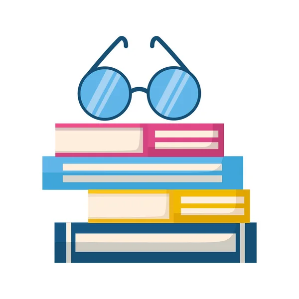 Pila de libros con lentes icono aislado — Vector de stock