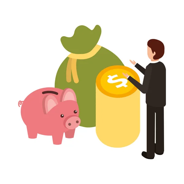 Affärsman med Bag Money och Piggy Saving — Stock vektor