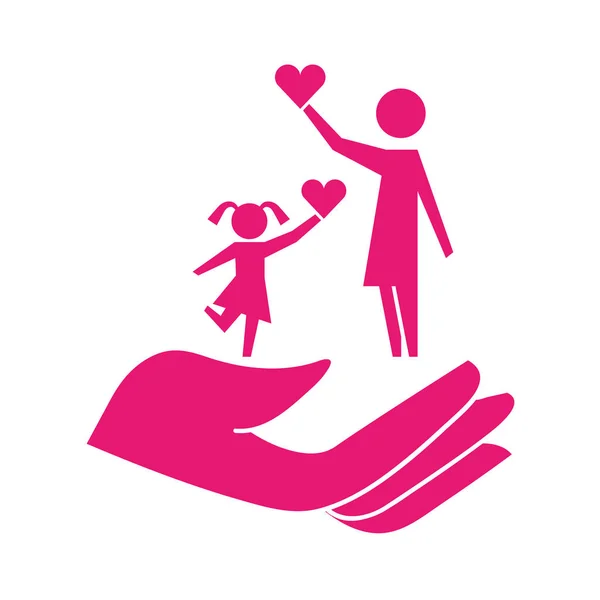Mutter und Tochter halten Herz auf Handschutz-Piktogramm — Stockvektor