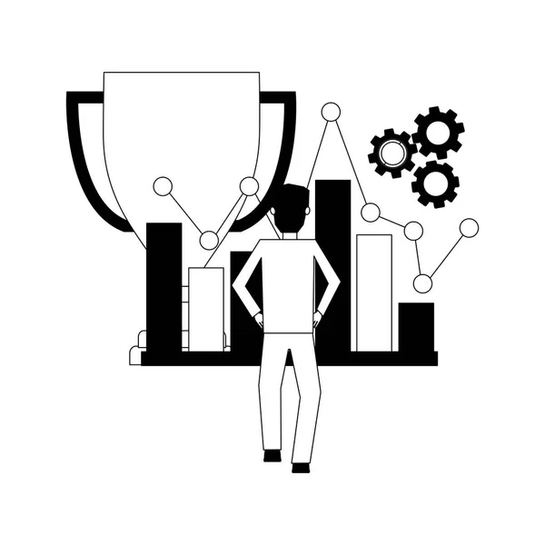 Troféu homem de negócios estatísticas gráfico e engrenagens —  Vetores de Stock