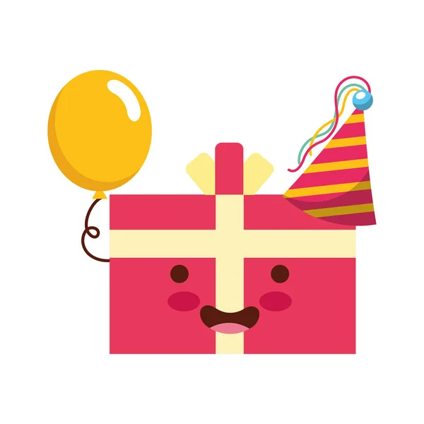 Cumpleaños kawaii dibujos animados regalo caja globos fiesta — Vector de stock