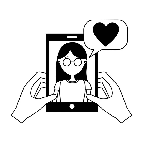 Hände halten Smartphone mit Frau, die Liebe redet — Stockvektor