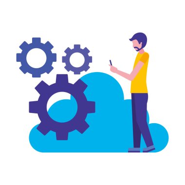 Genç adam mobil vitesli bulut bilgisayarı kullanıyor