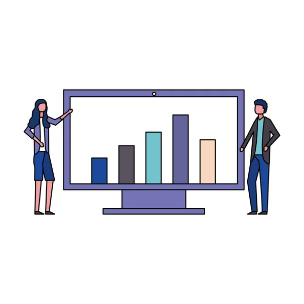 Businessman and woman computer chart financial — Stock Vector