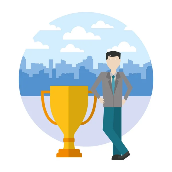 Businessman with trophy cup in cityscape — Stock Vector