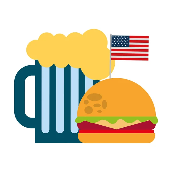 Hambúrguer e cerveja bandeira americana comida celebração — Vetor de Stock