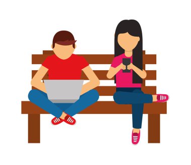 bankta dizüstü bilgisayar ve kadın cep telefonu ile adam