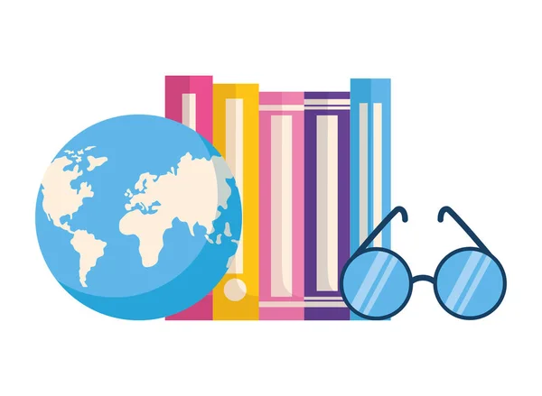 Pila de libros con lentes icono aislado — Vector de stock