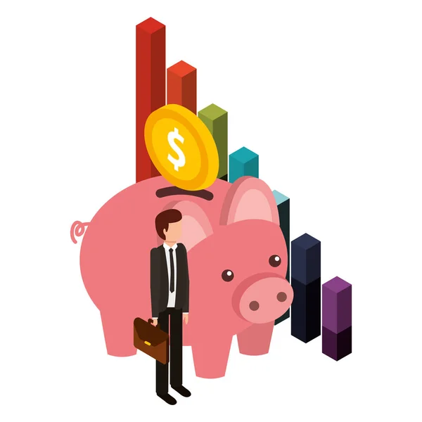 Üzletember megtakarítás Malacka és állítsa ikonok — Stock Vector