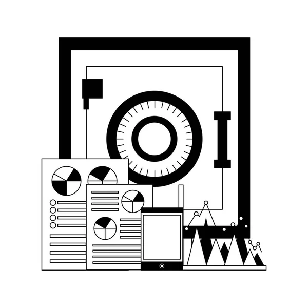 Caja fuerte segura con documentos y tableta — Archivo Imágenes Vectoriales