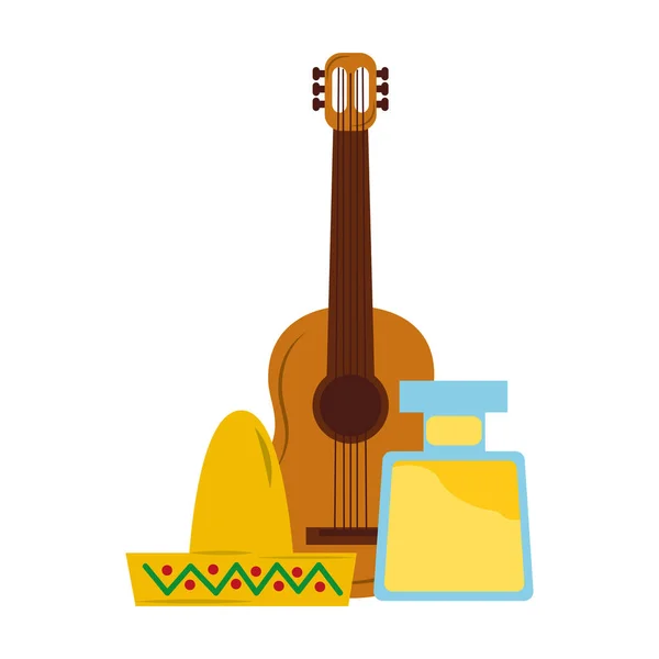 Mexican hat guitar and bottle tequila — Stock Vector