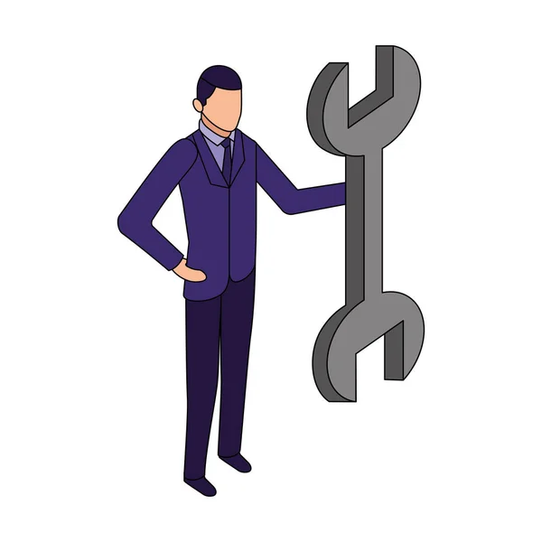 Elegante hombre de negocios con la llave inglesa icono de carácter de la herramienta — Vector de stock
