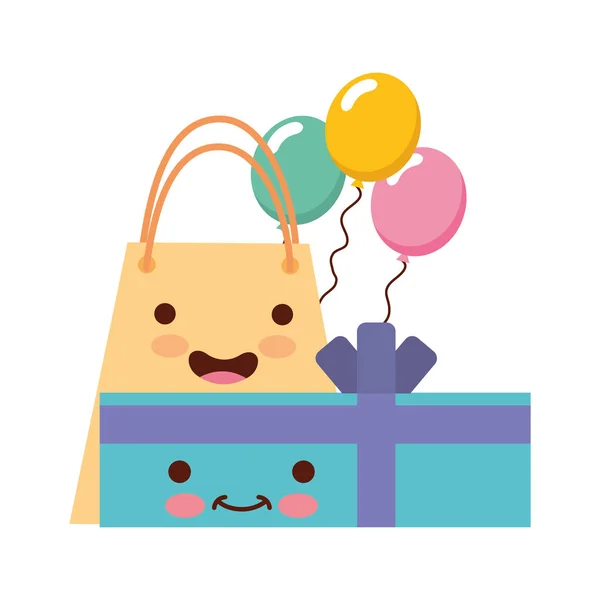 Cumpleaños kawaii regalos caja globos fiesta — Vector de stock