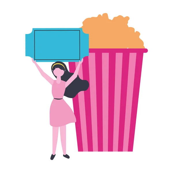 Woman with ticket cinema popcorn — 스톡 벡터