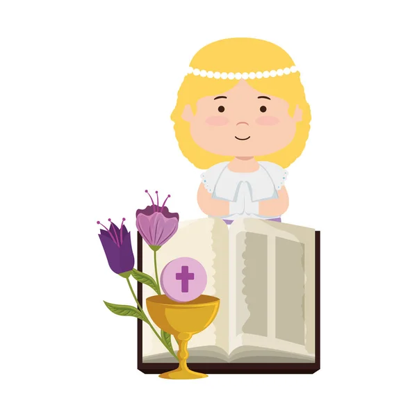 Klein meisje met Bijbel en bloemen eerste communie — Stockvector