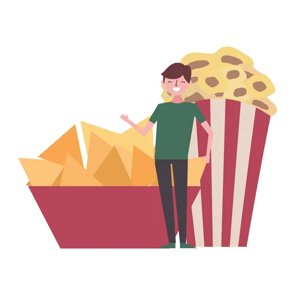 Lykkelig mand med nachos og popcorn – Stock-vektor
