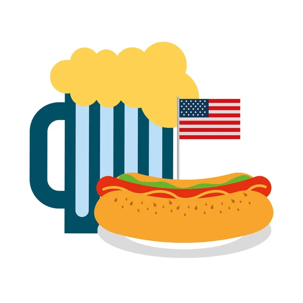 Cachorro-quente e cerveja bandeira americano comida celebração — Vetor de Stock