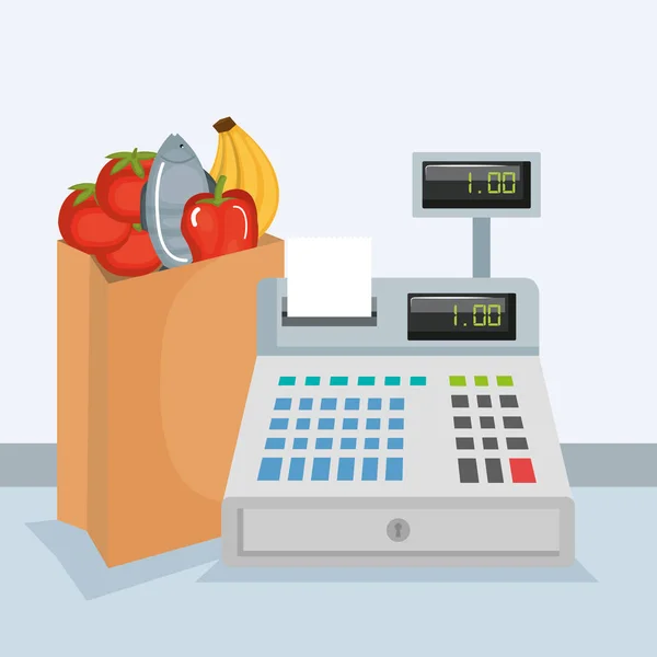 Supermarkt kassa met producten — Stockvector