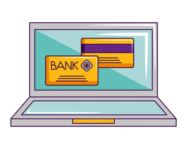 Computador portátil cartões bancários de compras online — Vetor de Stock
