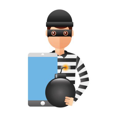 akıllı telefon ve bomba patlayıcı ile hırsız adam