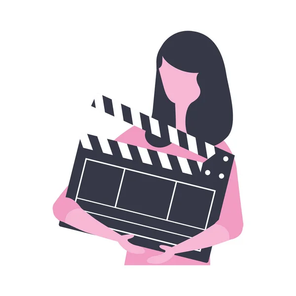 Woman holding clapperboard production movie — 스톡 벡터