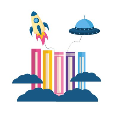 roket izole simgesi ile kitap yığını