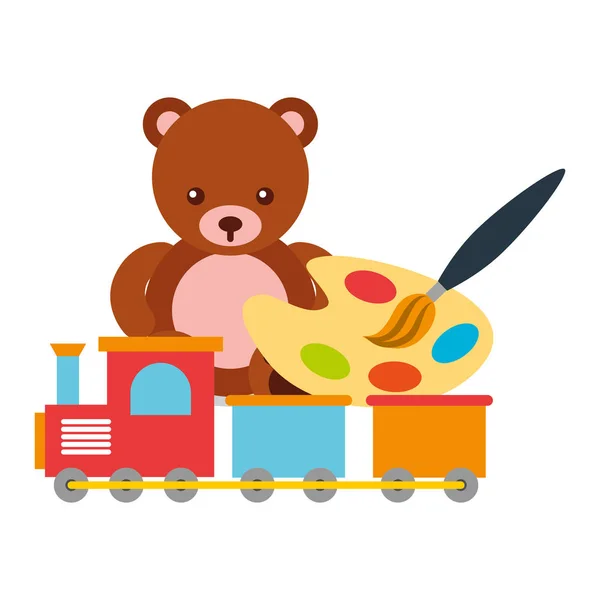 Toys kids bear train and palette paint — Stock Vector