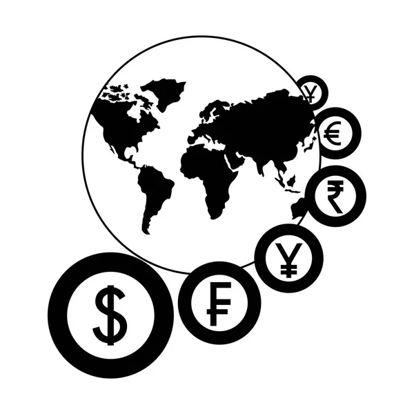 Mundo con monedas moneda alrededor de negocios — Archivo Imágenes Vectoriales