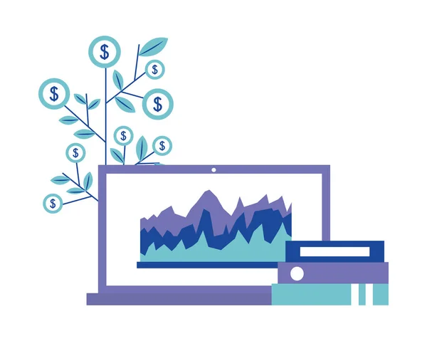 Ufficio computer portatili cartelle e monete impianto finanziario — Vettoriale Stock