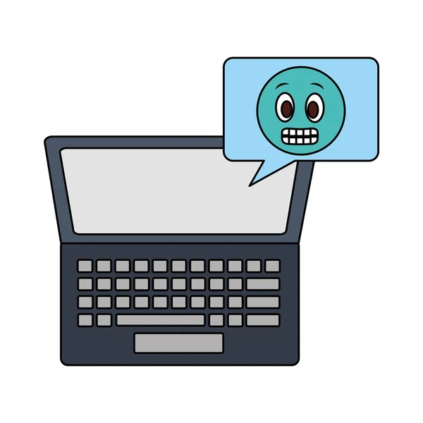 Computador portátil com bolha de fala e emoji kawaii — Vetor de Stock