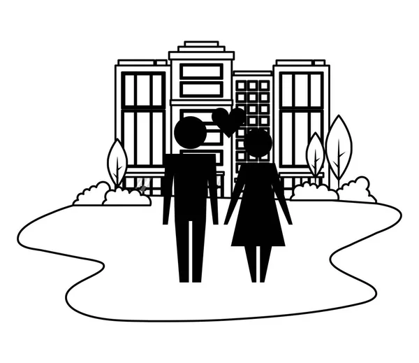 Couple de famille avec coeur dans le paysage urbain icône isolée — Image vectorielle