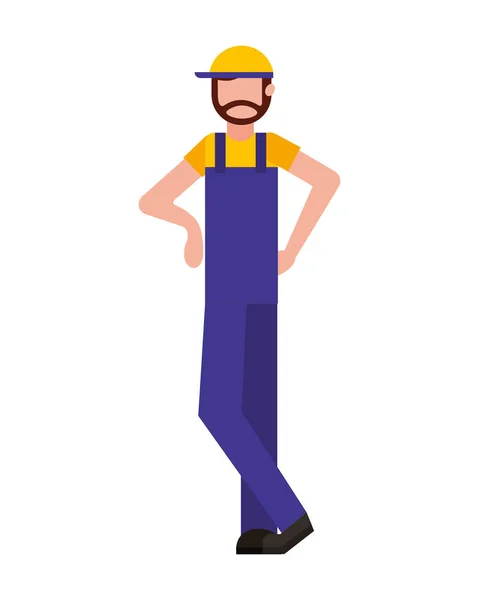 Travailleur employé caractère avec bonnet de sport et salopettes — Image vectorielle