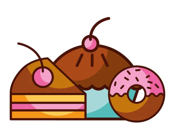 도넛 케이크와 조각 패스트리 음식 디저트 베이커리 — 스톡 벡터