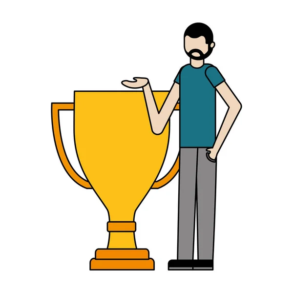 Mladý muž s trofej ocenění pohár izolované ikony — Stockový vektor