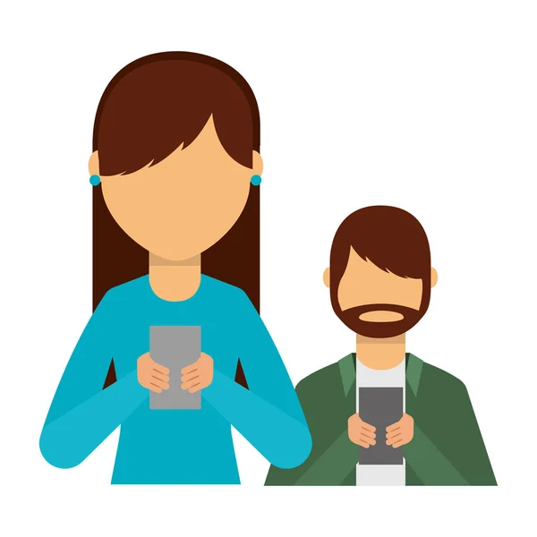 Γυναίκα και άνδρας που χρησιμοποιούν τεχνολογία smartphone — Διανυσματικό Αρχείο