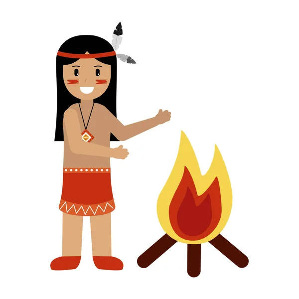 Karakter manusia asli Amerika dengan api unggun - Stok Vektor