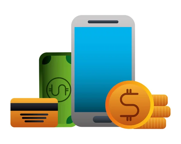 Billete de moneda de dinero de tarjeta bancaria smartphone — Vector de stock