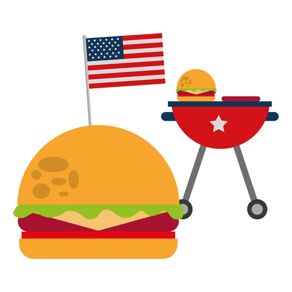Hambúrguer grelhado salsicha bandeira americano comida celebração — Vetor de Stock